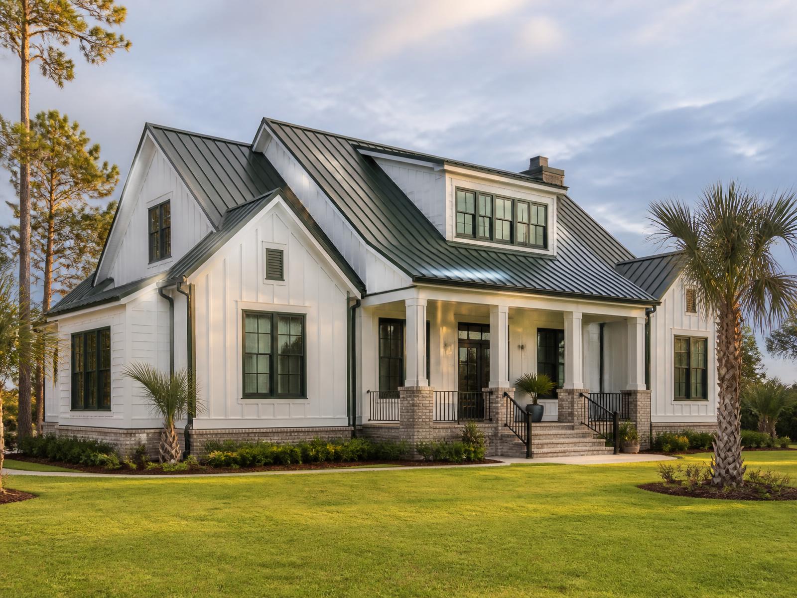 Modern new construction Gulf Coast home with seamless gutters installed along the roofline