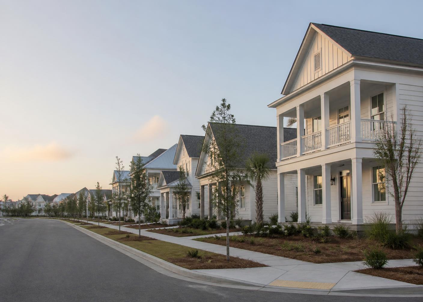 Street of newly built homes in a Gulf Coast new construction neighborhood
